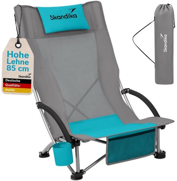 Skandika Campingstuhl Beach, Strand Stuhl, Hohe Rückenlehne, Klappstuhl, max. 136 kg (Extra breite Füße, Organizer-Tasche, robuste Stahlgestell), mit atmungsaktivem Mesh, Getränkehalter, Vordertasche, Kopfkissen