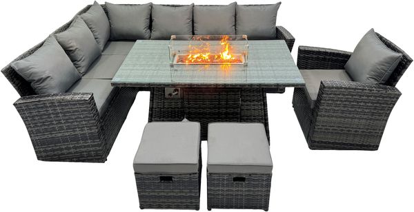 Fimous Hoher Rücken Rattan Gartenmöbel-Sets Gas Feuertisch Gasheizung Set Links Ecksofa Kleiner Hockern Sessel 9 Sitzer