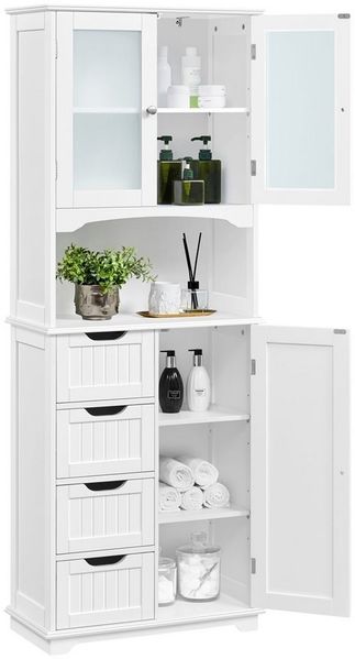 Yaheetech Hochschrank mit Glastüren und Schubladen, Einlegeböden verstellbar, Holz weiß, 63 x 30 x 165,5 cm