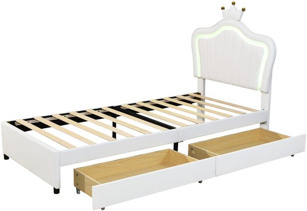 Kinderbett mit LED-Beleuchtung Muschel Krone Design 90x200 Weiß PU-Leder Stauraum Schubladen RGB Licht Märchenbett Prinzessin König Sicher Stabil 250kg Tragkraft für magisches Schlafzimmer Bild 8