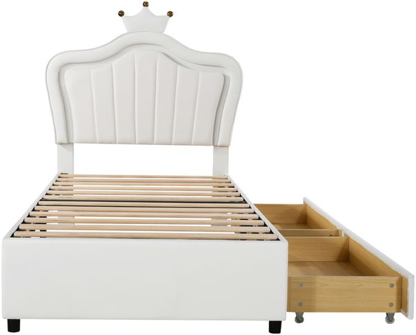 Kinderbett mit LED-Beleuchtung Muschel Krone Design 90x200 Weiß PU-Leder Stauraum Schubladen RGB Licht Märchenbett Prinzessin König Sicher Stabil 250kg Tragkraft für magisches Schlafzimmer Bild 9