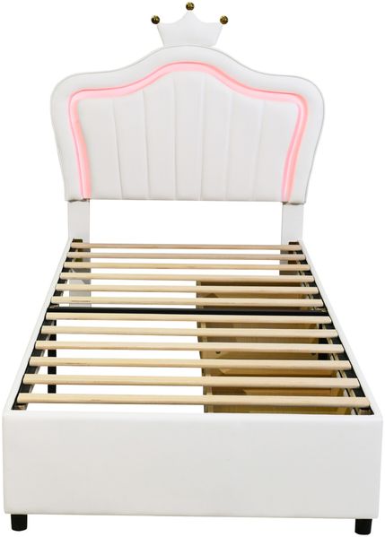 Kinderbett mit LED-Beleuchtung Muschel Krone Design 90x200 Weiß PU-Leder Stauraum Schubladen RGB Licht Märchenbett Prinzessin König Sicher Stabil 250kg Tragkraft für magisches Schlafzimmer Bild 7