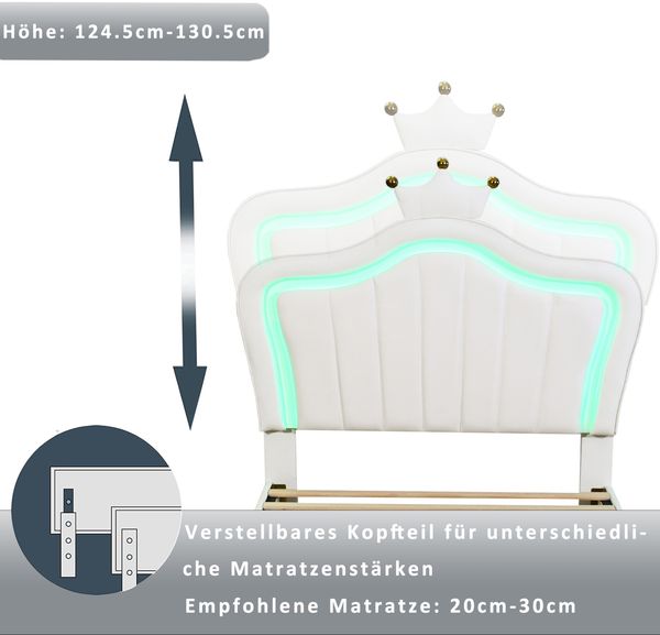 Kinderbett mit LED-Beleuchtung Muschel Krone Design 90x200 Weiß PU-Leder Stauraum Schubladen RGB Licht Märchenbett Prinzessin König Sicher Stabil 250kg Tragkraft für magisches Schlafzimmer Bild 6
