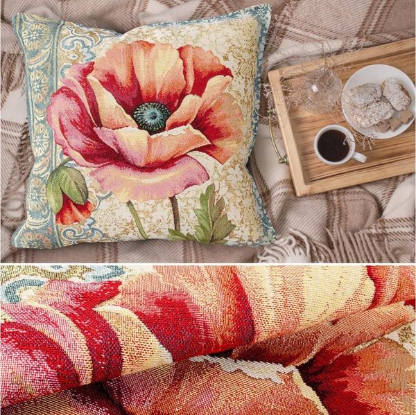 ANRO Dekokissen Jacquard Gobelin Kissenbezug 45x45 cm waschbar Klassik Dekokissenbezug, Vintage ohne Füllung mit Reißverschluss Mohnblume Beige