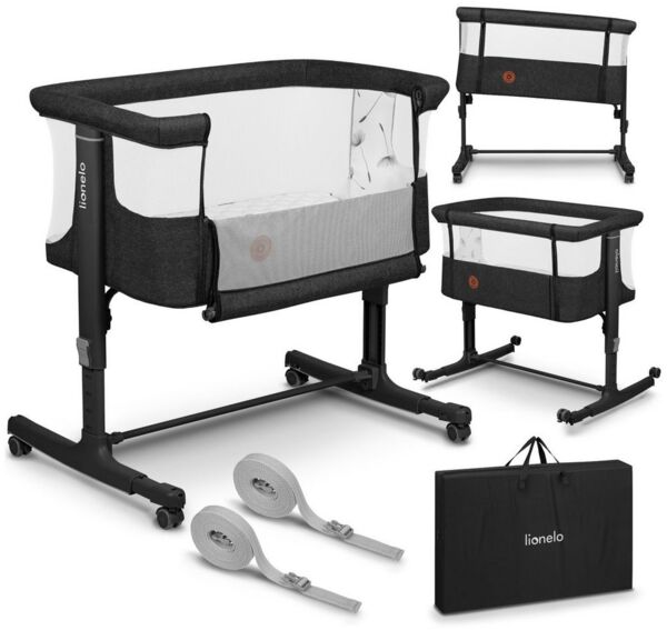 Lionelo Aurora 3 in 1 Babybett bis 9 kg, Beistellbett, Wiege, Höhenverstellug und Einstellung der Neigung der Matratze, 4 Räder mit Bremse Ergonomische Matratze Tasche
