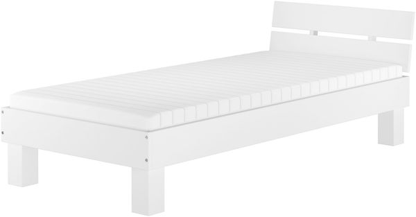 Erst-Holz Einzelbett, Buche massiv weiß, Überlänge, mit Rollrost und Matratze, 100x220 cm