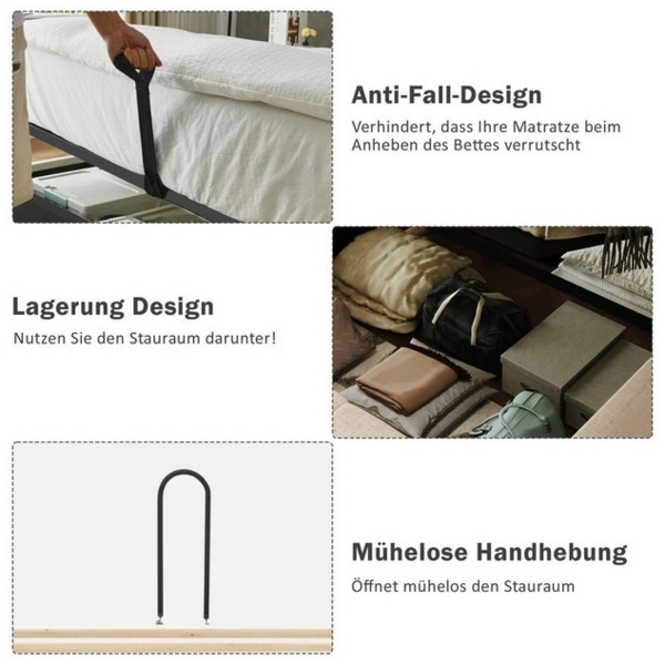 Flieks Polsterbett, Hydraulisches Stauraumbett 160x200cm mit Nachttisch Aufladen Leselampe Bild 4