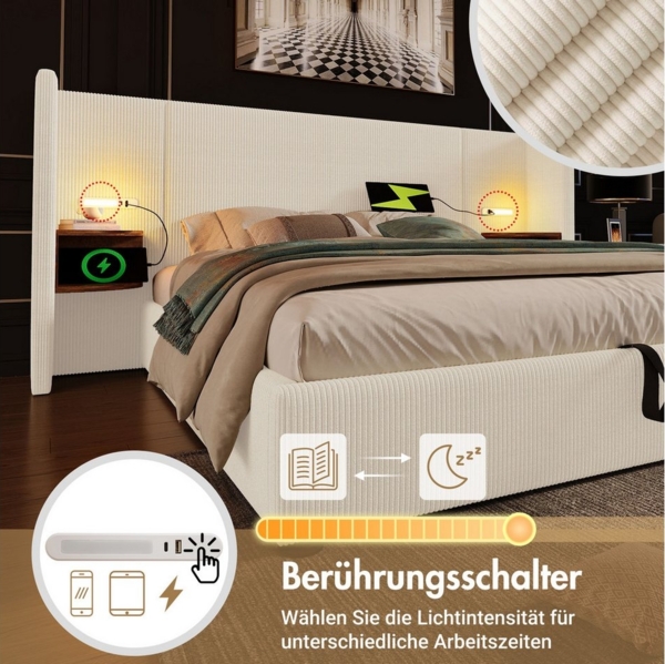 Flieks Polsterbett, Hydraulisches Stauraumbett 160x200cm mit Nachttisch Aufladen Leselampe Bild 2