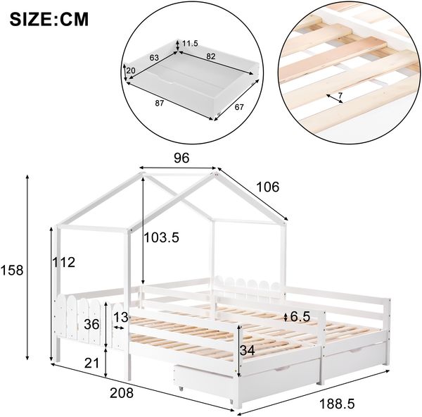 Hausbett, Doppelbett, Kinderbett, Gitterbett mit 2 MDF-Schubladen, Schubladen auf Rollen, Lattenrost aus Kiefer, weiß (200x90cm) Bild 6