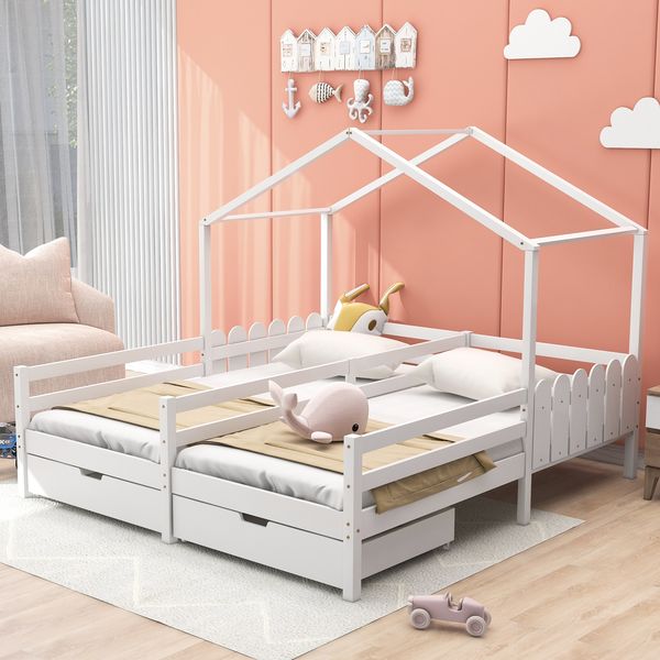 Hausbett, Doppelbett, Kinderbett, Gitterbett mit 2 MDF-Schubladen, Schubladen auf Rollen, Lattenrost aus Kiefer, weiß (200x90cm)