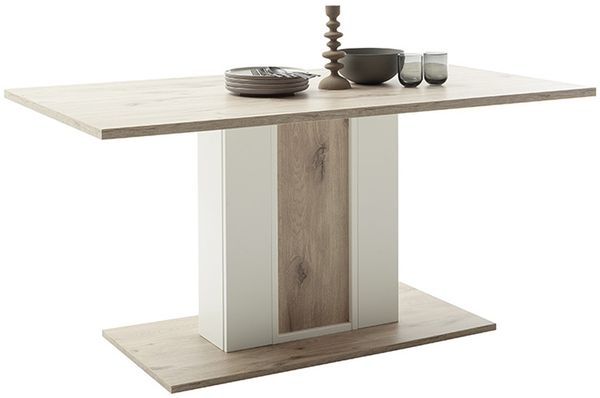 Säulen-Esstisch >SANTERNO< in Viking Eiche Dekor / Soft withe - 160x77x90 (BxHxT)