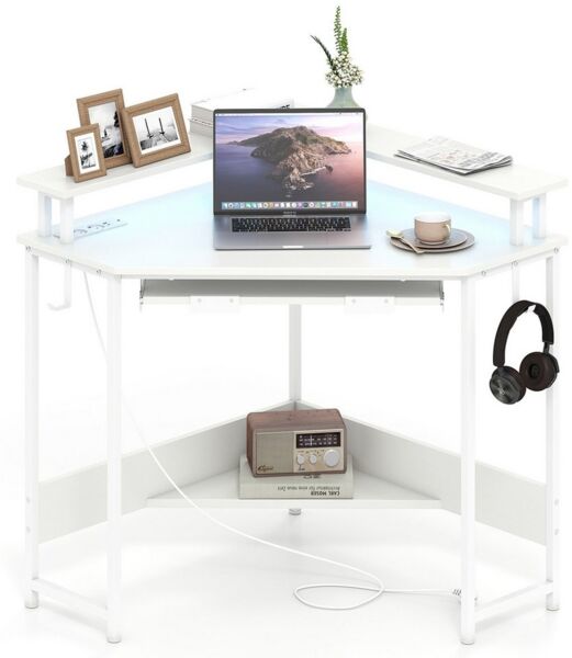 COSTWAY Eckschreibtisch, mit LED, Ladestation, Tastaturablage & Monitorständer