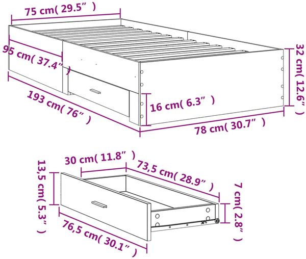 vidaXL Bettgestell mit Schubladen Grau Sonoma 75x190 cm Holzwerkstoff 3280445 Bild 10