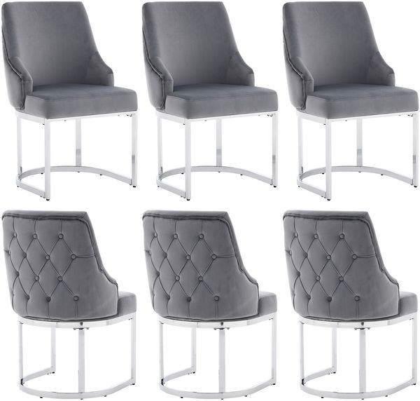 Merax Esszimmerstühle, (Set, 6 St), 6er Set Polsterstühle bequem und atmungsaktiv, Versilberte Stuhlbeine, Samtstoff, Grau + Silber
