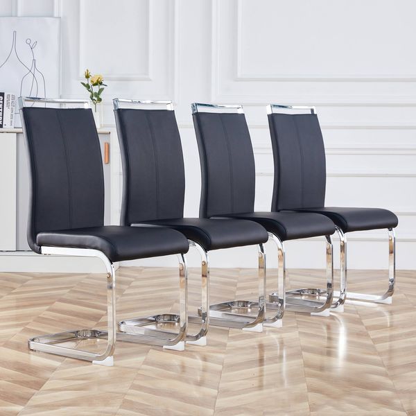 Freischwinger Stühle 4er-Set mit Kunstleder, ergonomischer Sitzkomfort, hohe Rückenlehne, verchromtes Metallgestell,Schwarz
