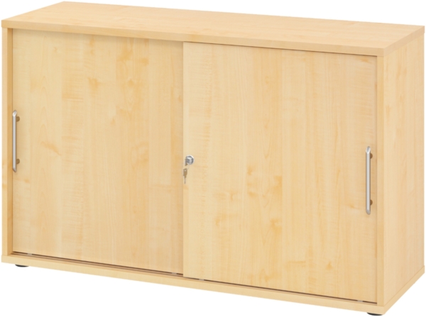 bümö Schiebetürenschrank 2OH - Aktenschrank abschließbar, Sideboard Schrank mit Schiebetüren in Ahorn, Relinggriff - Büroschrank aus Holz mit Schiebetür, Büro Kommode für Ordner & Co, 1752S-3-3-RE