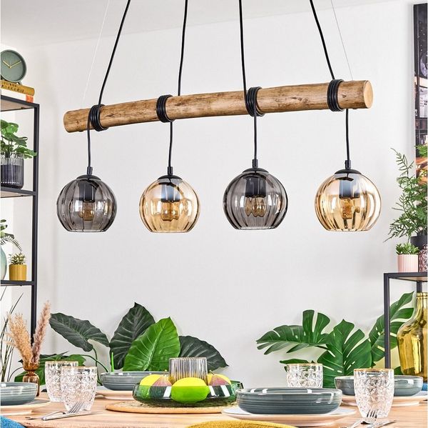 hofstein Pendelleuchte Hängelampe aus Metall/Holz/Riffelglas in Schwarz/Natur/Rauch/Bernstein, Hängeleuchte im Retro/Boho-Design m. Holzbalken, (Schirme Ø 15cm), E27
