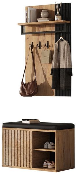 Refined Living Garderoben-Set Schuhbank mit Kleiderstange, 2 Türen, 3 Haken & Sitzbank Schwarz/Natur, (B70×T36×H146 cm, Flurmöbel, Schuhschrank mit Sitzbank, Kleiderstange, 2 Türen, 3 Haken, 1-St, platzsparend, multifunktional, modern, Schwarz + Naturh...