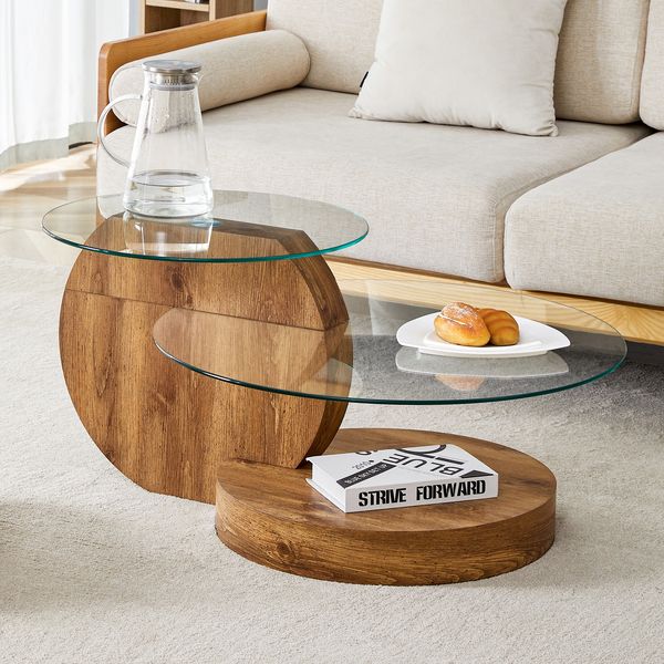 Couchtisch mit zweistufigen Glasplatten, MDF, Holzoptik und transparentem Design,43.2x89.9x69.9 cm