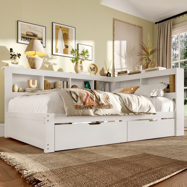 Bett 140×200 cm aus MDF und Kiefernholz mit zwei Schubladen und USB-Anschluss, weiß