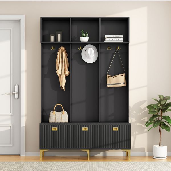 Garderobenset aus Spanplatte mit Sitzbank & Schuhablage, 120x23,5x191,5 cm, Schwarz