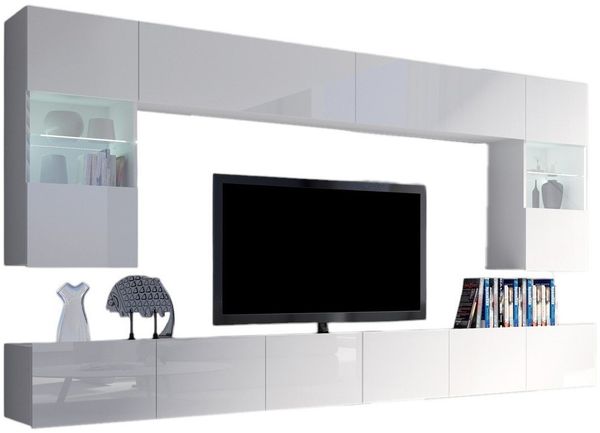 Compleo Wohnwand CALABRO, Elegant design, Ideal für ein großes Wohnzimmer, 6er-Set, 2x TV-Lowboard, 2x Wandregal, 2x Hängevitrine