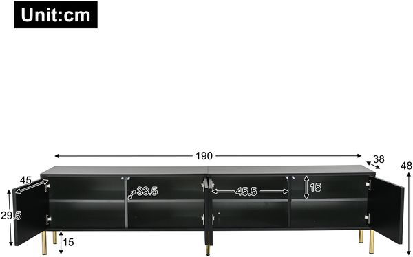 Schwarzes TV-Schrank, 190 cm(L) x 38 cm(W) x 48 cm(H), goldene Tischbeine Bild 6