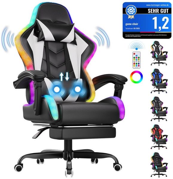 HOMALL Gaming-Stuhl mit LED,Ergonomisch,Fußstütze,computerstuhl,gaming stuhl mit massage (Die LED-Beleuchtung ist einstellbar, das Massagekissen für den Rücken ist beweglich), Ergonomischer Bürostuhl,Kopfstütze und Lendenstütze