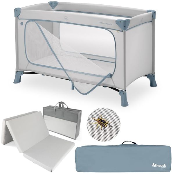 hauck Baby Reisebett Set Dream N Play Plus inkl. Matratze & Insektenschutz | faltbares Kinder Reisebett mit großem Seiteneingang und Tasche – Dusty Blue