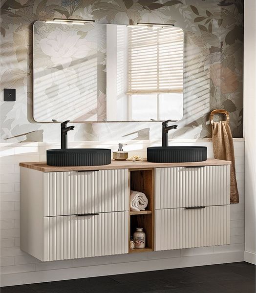 Lomadox Badmöbel-Set ADELAIDE-56-CASHMERE, (Spar-Set, 2-St, Doppelwaschtisch LED-Spiegel), 140cm Waschtisch mit 2 Aufsatzbecken, kaschmir und Eiche