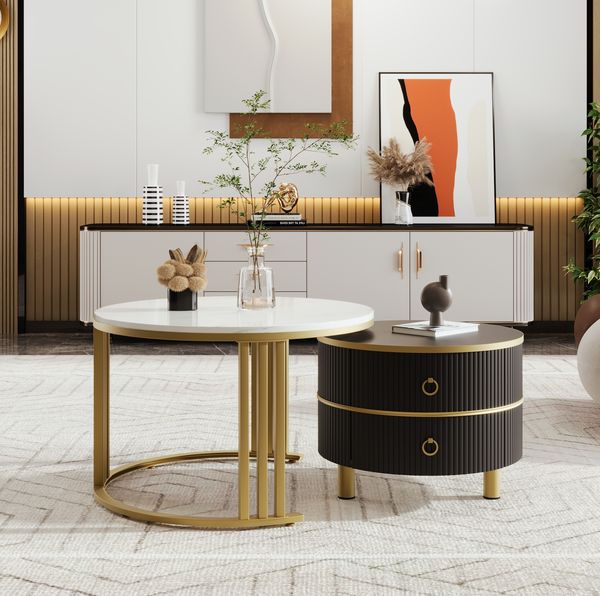 2-in-1 Couchtisch-Set rund mit Marmor & Hochglanz in Gold/Schwarz - 70x70x46 + 50x50x40 cm