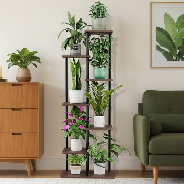 Simloveve Blumenständer pflanzenständer 7 Etagen blumenständer wohnzimmer (7 Etagen Pflanzentreppe, Pflanzenregal Standregal, 1 St, Hölzern und Metall Mehrstöckig Pflanzenständer), für Innen Wohnzimmer Deko Garten Balkon