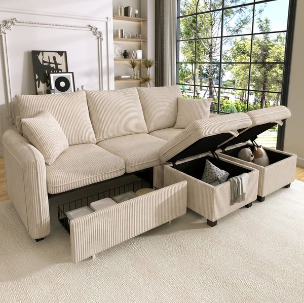 Schlafsofa 3-Sitzer mit 2 Hockern 52x52 cm – Cord in Beige, Stauraum & Schlaffunktion