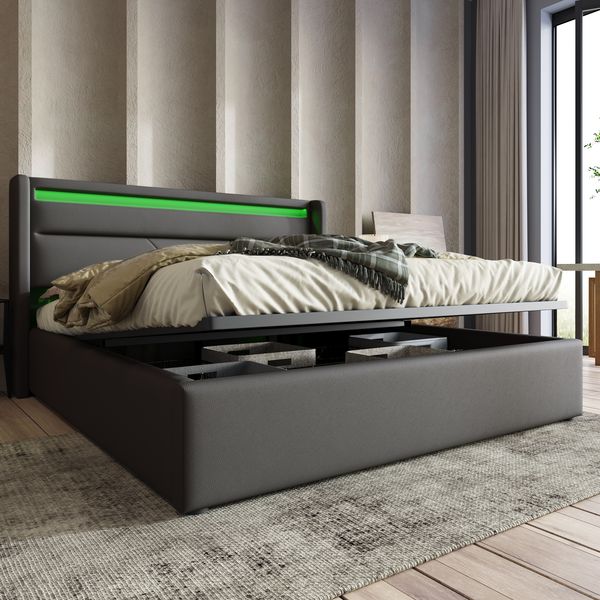 Polsterbett 140×200 cm aus Kunstleder mit LED-Beleuchtung und Stauraum, grau
