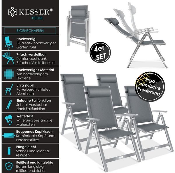 KESSER® Gartenstuhl Hochlehner mit Armlehnen | Aluminium Klappstuhl inkl. Kopfkissen Campingstuhl 7-Fach Verstellbar Rückenlehne | Atmungsaktiv & Wetterfest | Klappbar & Anti-Rutsch Hellgrau, 4 Stück Bild 2