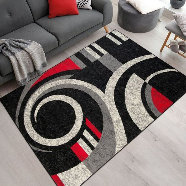 Mazovia Designteppich Modern Teppich Geometrisch Grau Rot - Weich, Pflegeleich, 80 x 150 cm, Geeignet für Fußbodenheizung, Höhe 7 mm, Kurzflor