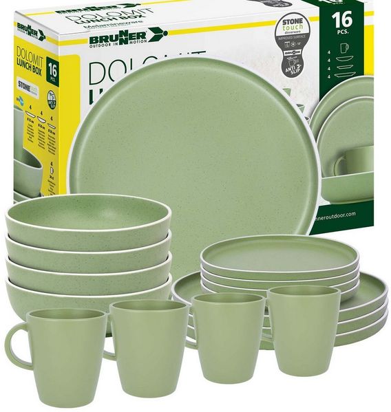 BRUNNER Geschirr-Set BRUNNER Camping Geschirrset DOLOMIT (12, 16, 36-tlg) GRÜN AntiSlip (16-tlg)