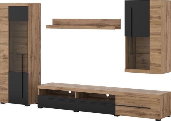 OTTO home Wohnwand Roger,Breite 255 cm moderne Mediawand ohne Beleuchtung, (Set, 4-St), Anbuwand (Set,4-St) viel Stauraum, Glastüren
