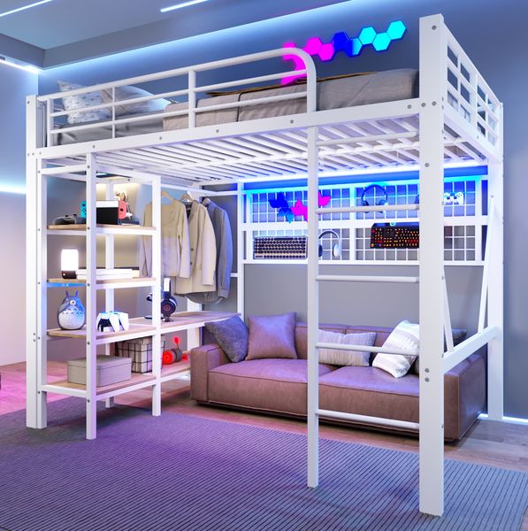 Hochbett 140x200 cm mit LED-Lichtleiste, Ablagefach und Kleiderstange – Metall und MDF, Weiß