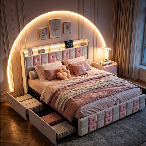 Gdood Stauraumbett Polsterbett LED Doppelbett 160x200 cm (1-tlg, Type-C + USB, 4 Schubladen unter dem Bett ausziehen), Mit Schubladen, LED-Beleuchtung, USB-Anschluss, 160x200 cm