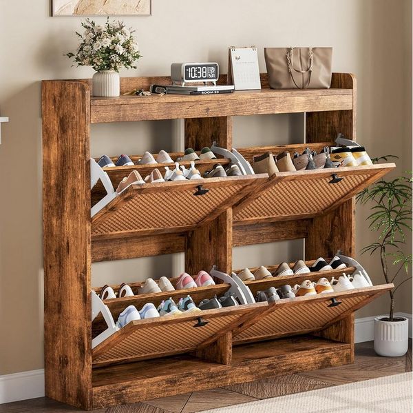 GarveeMore Schuhschrank aus Rattan mit 4 Klappschubladen für Eingangsbereich,Flur 105 x 23 x 96 cm freistehender Schuhschrank aus Holz mit verstellbaren Einlegeböden
