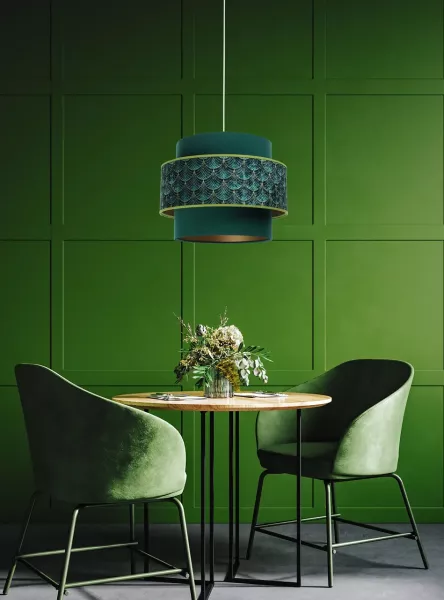 BPS Koncept DUM-002 Hängeleuchte DOBLO PVC-Kunststoff, mit Velourss und Satintextil grün, gold 1xE27 60W H:113cm Ø40cm dimmbar