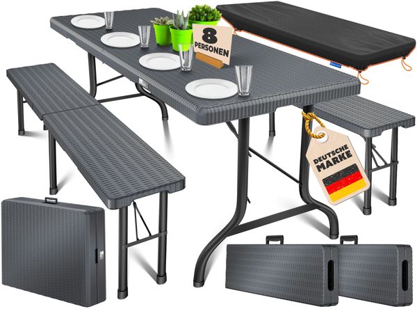 KESSER® Bierzeltgarnitur 3-teilig Set Tisch & 2x Bank | Buffettisch für drinnen & draußen Gartengarnitur klappbar 183x76x74cm Kunststoff Klapptisch Gartentisch inkl. Abdeckung & Tragegriffe Anthrazit, Rattan