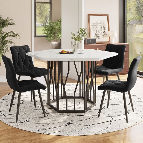 Sechseckiger Esstisch 115.5×100 cm mit 4 Samtstühlen, modernes Esszimmer-Set, ergonomisch, MDF Tischplatte, Metallgestell
