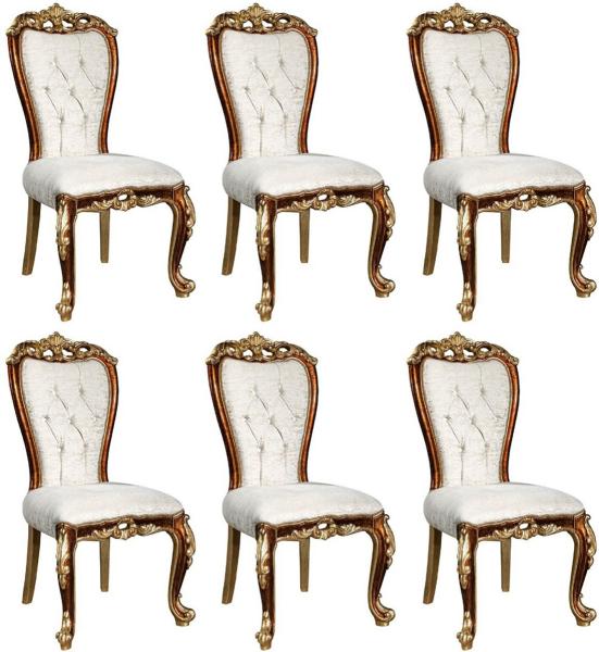 Casa Padrino Luxus Barock Esszimmer Stuhl Set Weiß / Gold / Braun / Gold 57 x 54 x H. 115 cm - Edles Küchen Stühle 6er Set im Barockstil - Barock Esszimmer Möbel