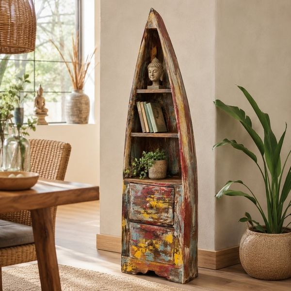 Bootsregal / Bücherregal LACI Jungle 150cm Regal Eckregal Deko Boot Massivholz