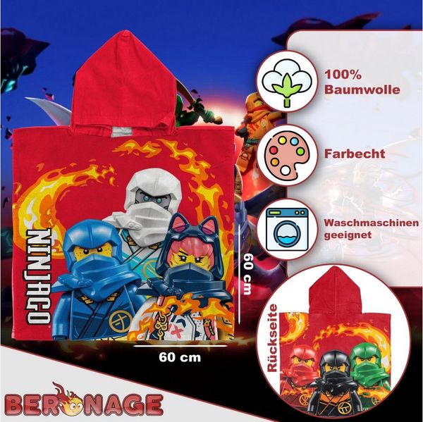 BERONAGE Kapuzenhandtuch LEGO Ninjago Kinder Kapuzen Bade-Poncho Rot 60x120 cm Bademantel, (1-St), Frottee in Velours-Qualität