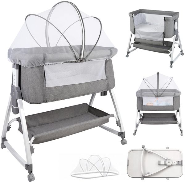 HUOLE Beistellbett, 2 in1 Baby Bett ab Geburt bis 25 kg, Zustellbett 6 Höhenverstellung, mit Matratze/Faltbare Seitenwand/Räder, Netzgewebe Kinderbett-80 * 40 * 100-115cm – Leinen
