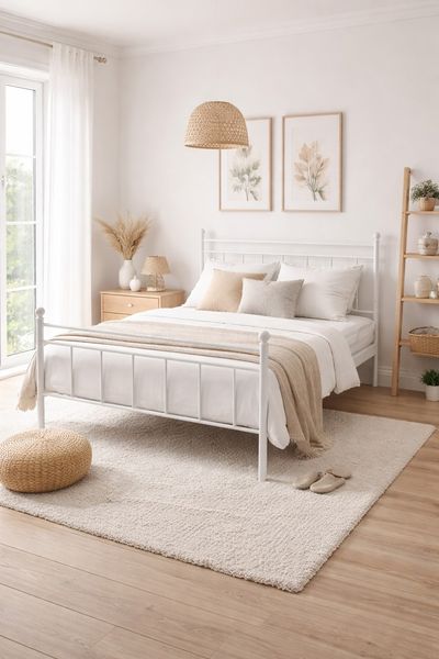 Metallbett 140x200 Weiß – stabiles Bettgestell, pulverbeschichtet, modern, ohne Lattenrost