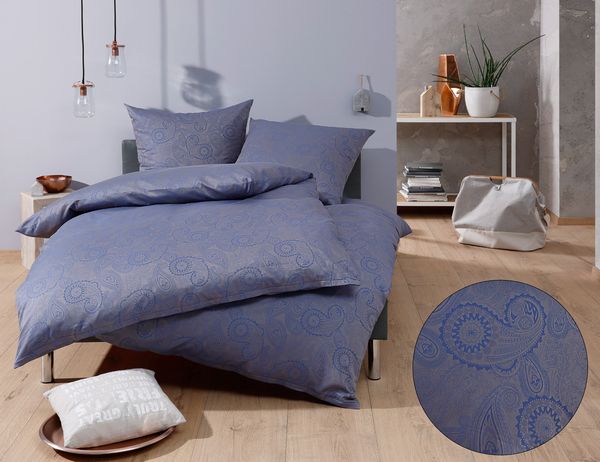 Bettwaesche-mit-Stil 'Davos' Bettwäsche Garnitur, Mako-Satin Damast Paisley, Blau, 135 x 200 cm + 80 x 80 cm